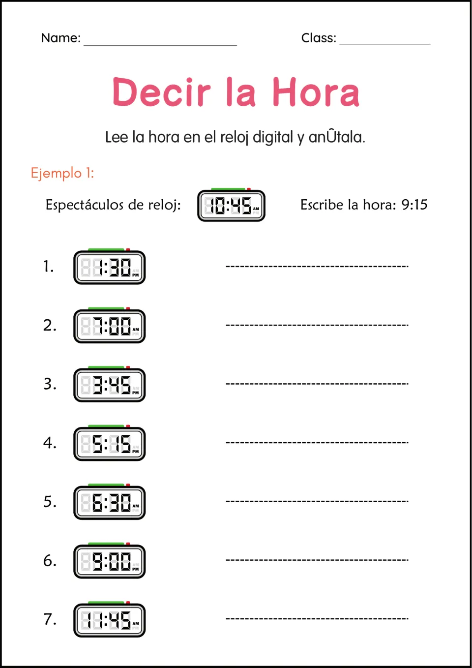 Digital clock reading: students read 7 digital displays such as 1:30 PM and 7:00 AM and write each time