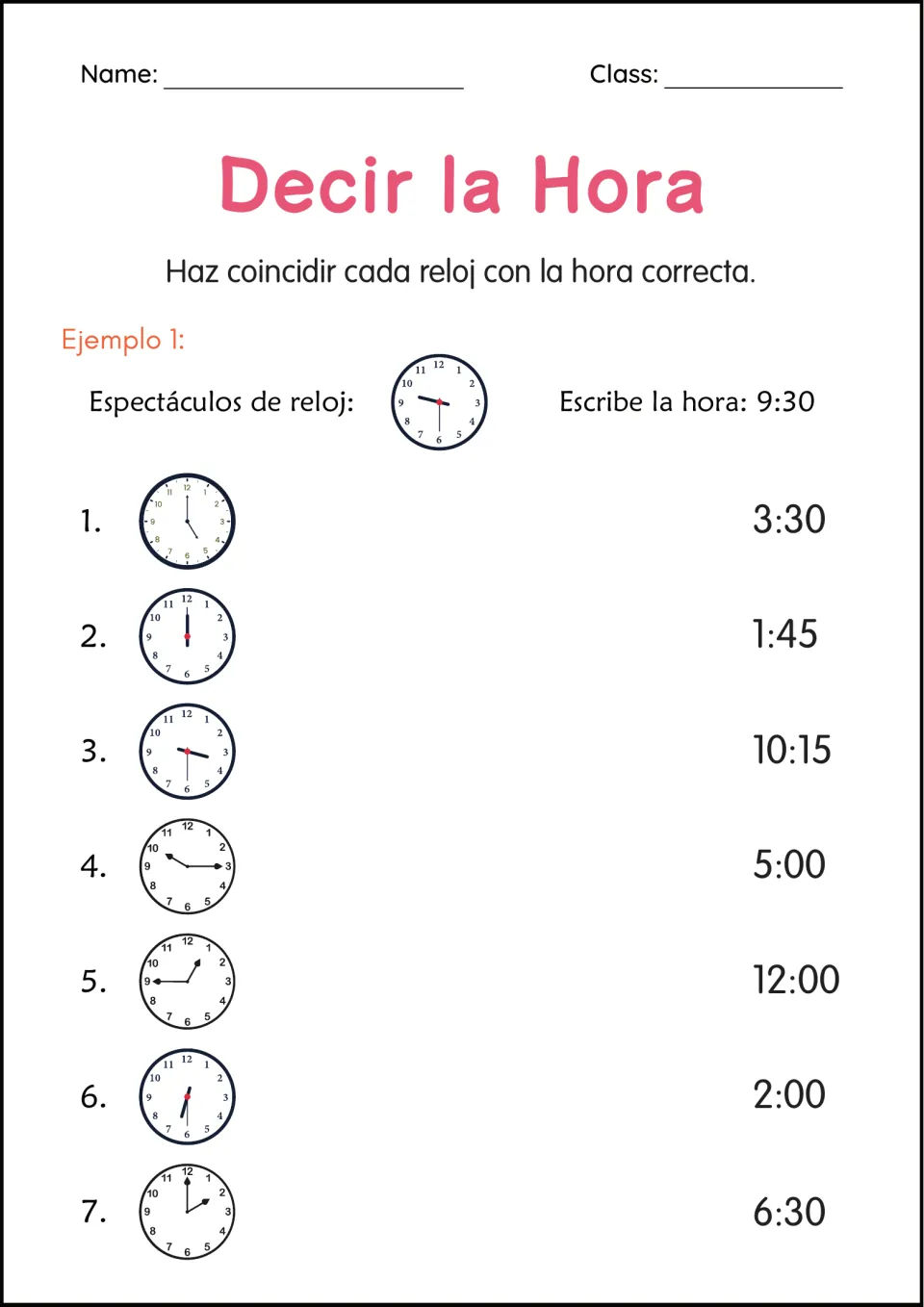 Clock matching: students match 7 analog clocks to a list of times, including 3:30, 1:45, 10:15 and 12:00
