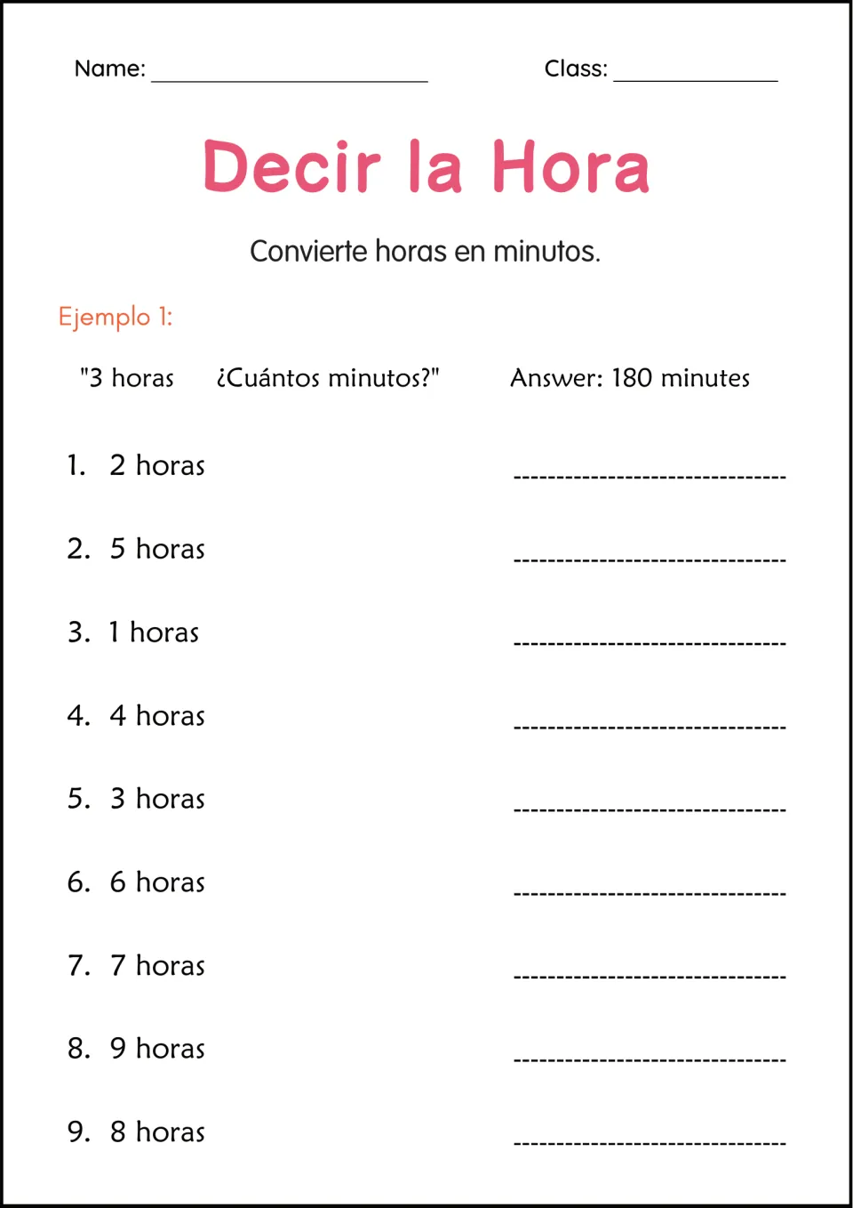 Hours to minutes: students convert 9 amounts from 1 to 9 horas into minutes, following a 3 horas = 180 example