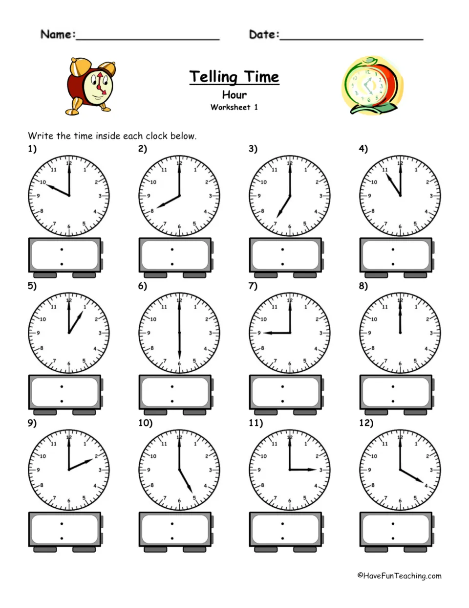 Telling time to the hour, Worksheet 1: students read 12 analog clocks and write each o'clock time on a digital display