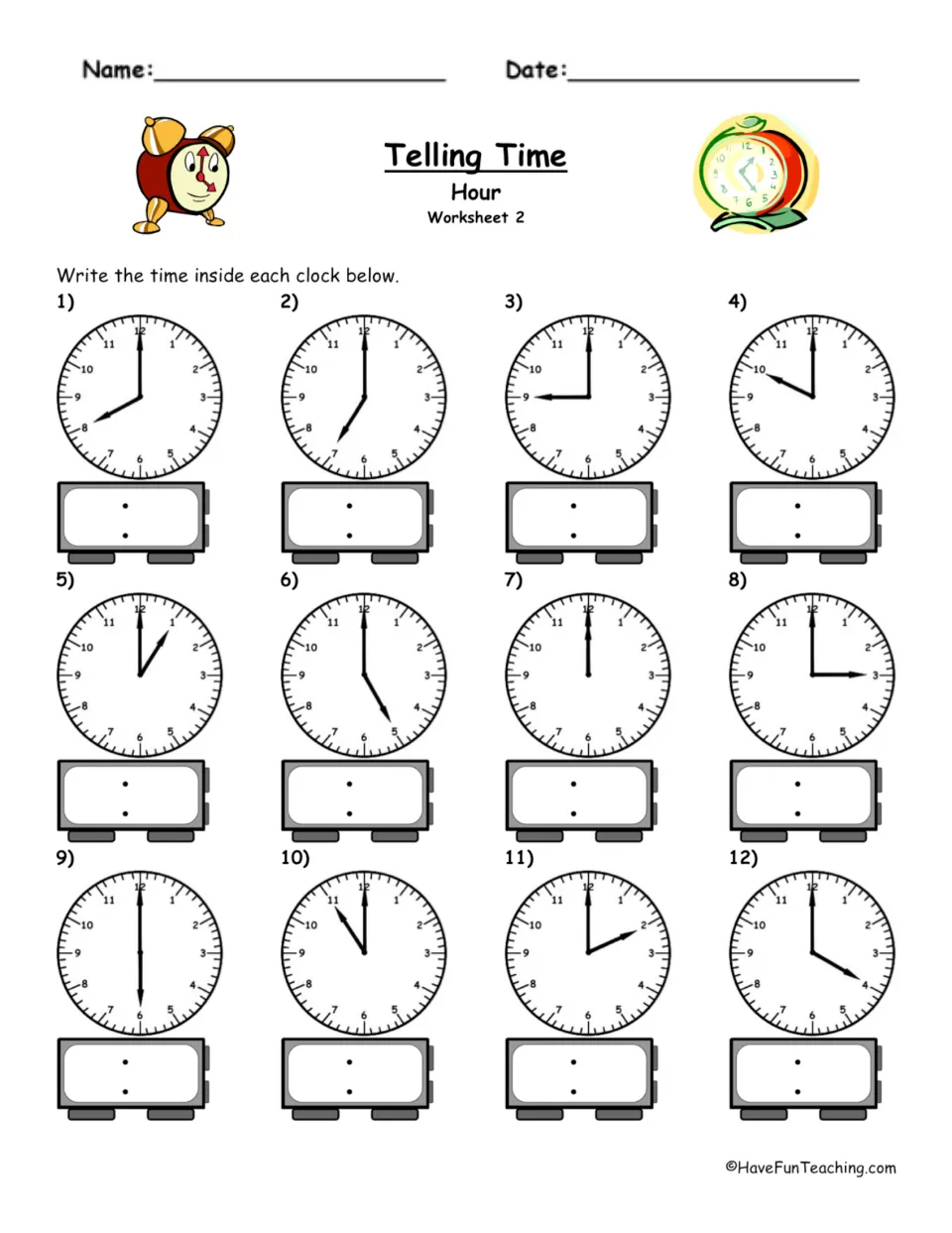 Reading hour clocks, Worksheet 2: students write the digital time shown on 12 analog clocks, from 1:00 to 12:00