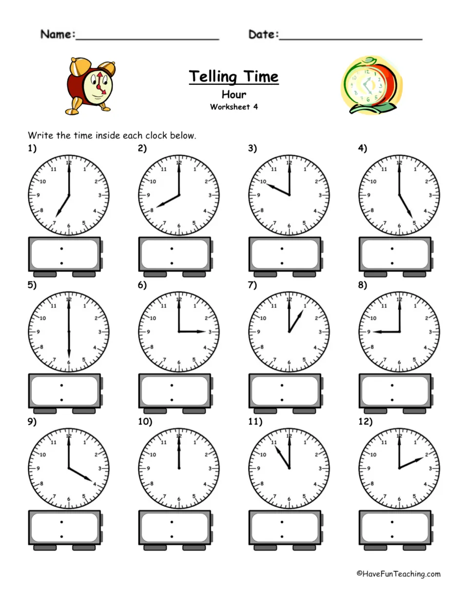 Telling Time Hour Worksheet 4: students convert 12 analog clock faces, minute hand on 12, into digital hour times