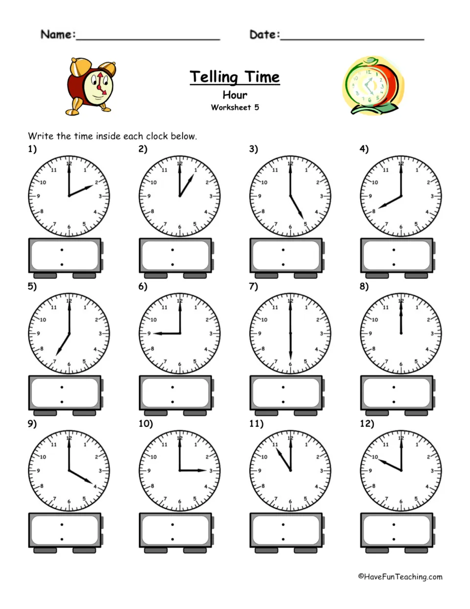 Hour times, Worksheet 5: students read the hour hand on 12 analog clocks and fill in the blank digital clock below each