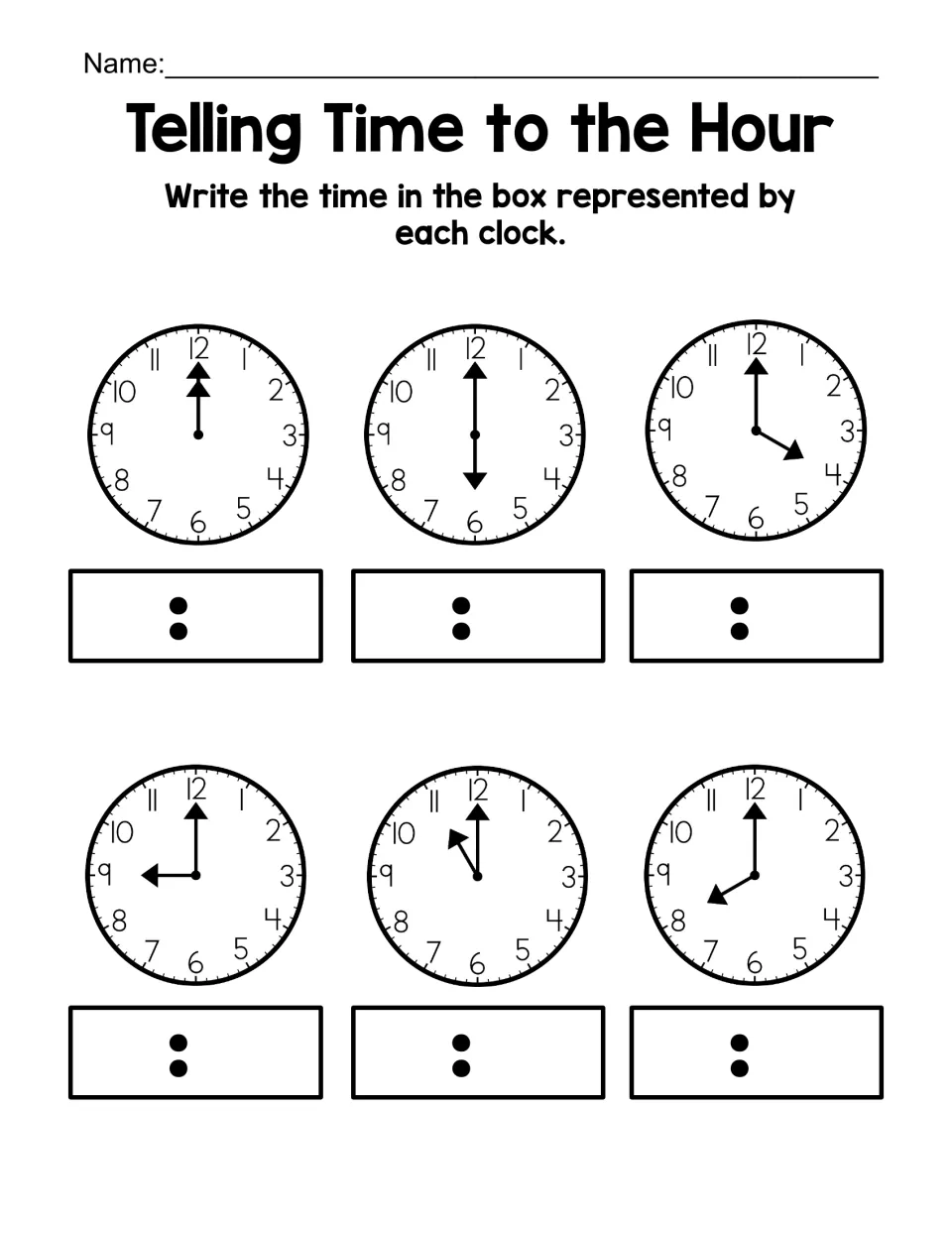 Reading clocks: students write the digital time for six analog clocks showing 12:00, 6:00, 4:00, 9:00, 11:00 and 8:00