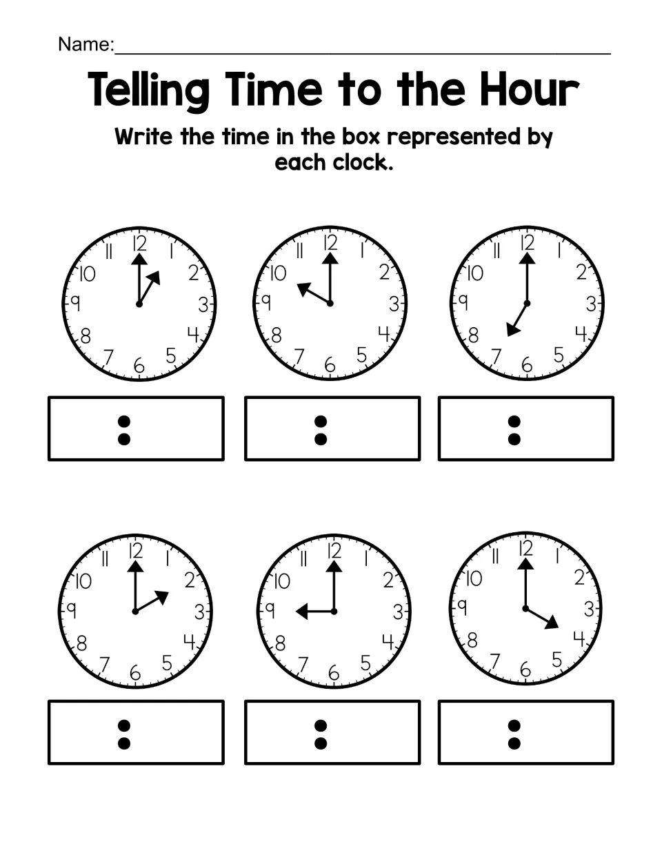Reading o'clock times: students write the time shown on six analog clocks set to 1:00, 10:00, 7:00, 2:00, 9:00 and 4:00