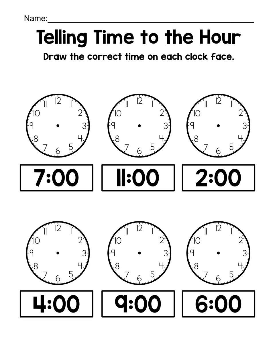 Drawing clock hands: students draw the hands on six blank clock faces to show 7:00, 11:00, 2:00, 4:00, 9:00 and 6:00