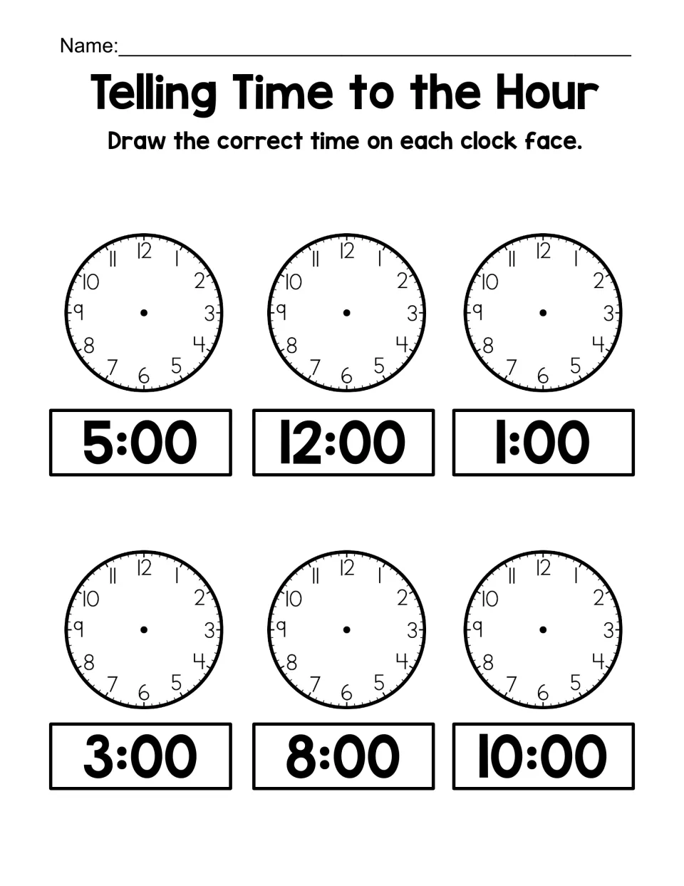 Showing times on a clock: students draw hands on six blank faces for 5:00, 12:00, 1:00, 3:00, 8:00 and 10:00