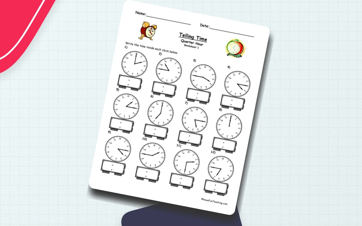 Telling Time to the Quarter Hour worksheet with twelve analog clock faces and response boxes.