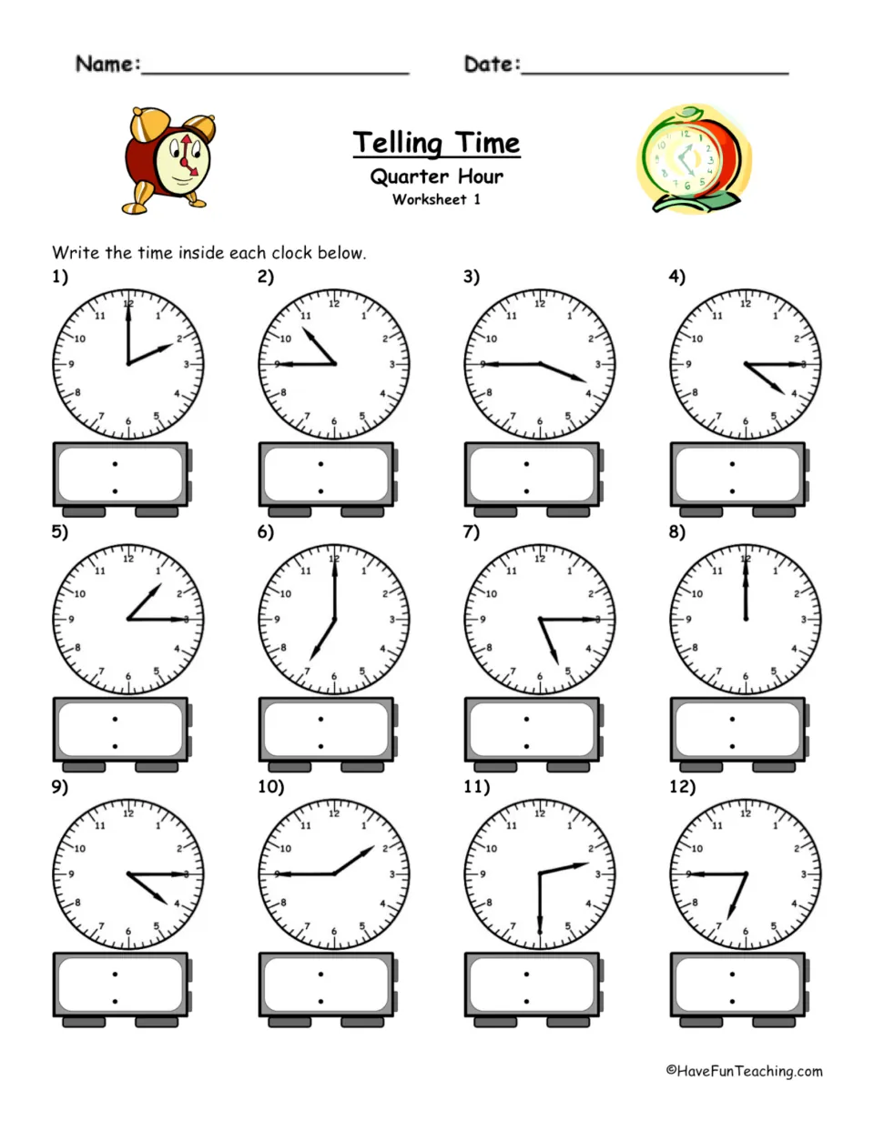 Telling time, Worksheet 1: students read 12 analog clocks set to quarter hours and write each time on a digital display