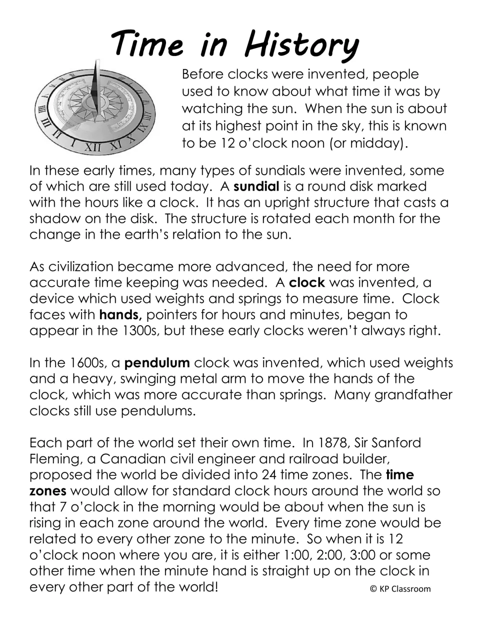 Time in History reading on sundials, early spring clocks, pendulum clocks and Sanford Fleming's 24 time zones