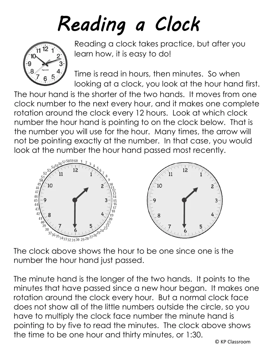 Reading a Clock: read the hour hand first, then multiply the minute hand's number by five, shown with 1:30 clocks