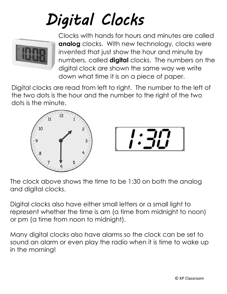 Digital Clocks reading comparing analog and digital clocks, both showing 1:30, and explaining how am and pm appear
