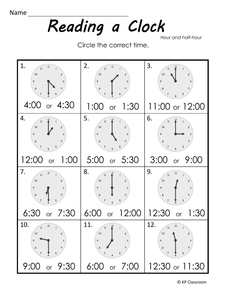 Reading a Clock, hour and half-hour: students circle the correct time from two choices for each of 12 analog clocks
