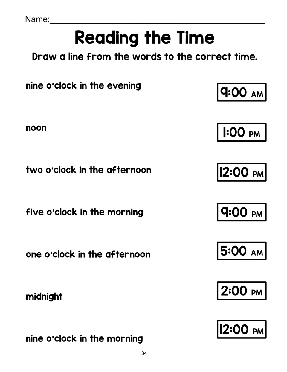 AM and PM matching: students draw lines from phrases like noon, midnight and nine o'clock in the evening to digital times