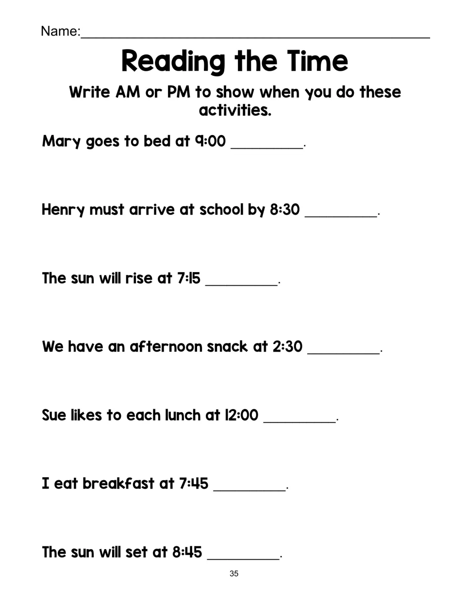 Reading the Time, AM or PM: students write AM or PM after times for daily events like bedtime at 9:00 and sunrise at 7:15