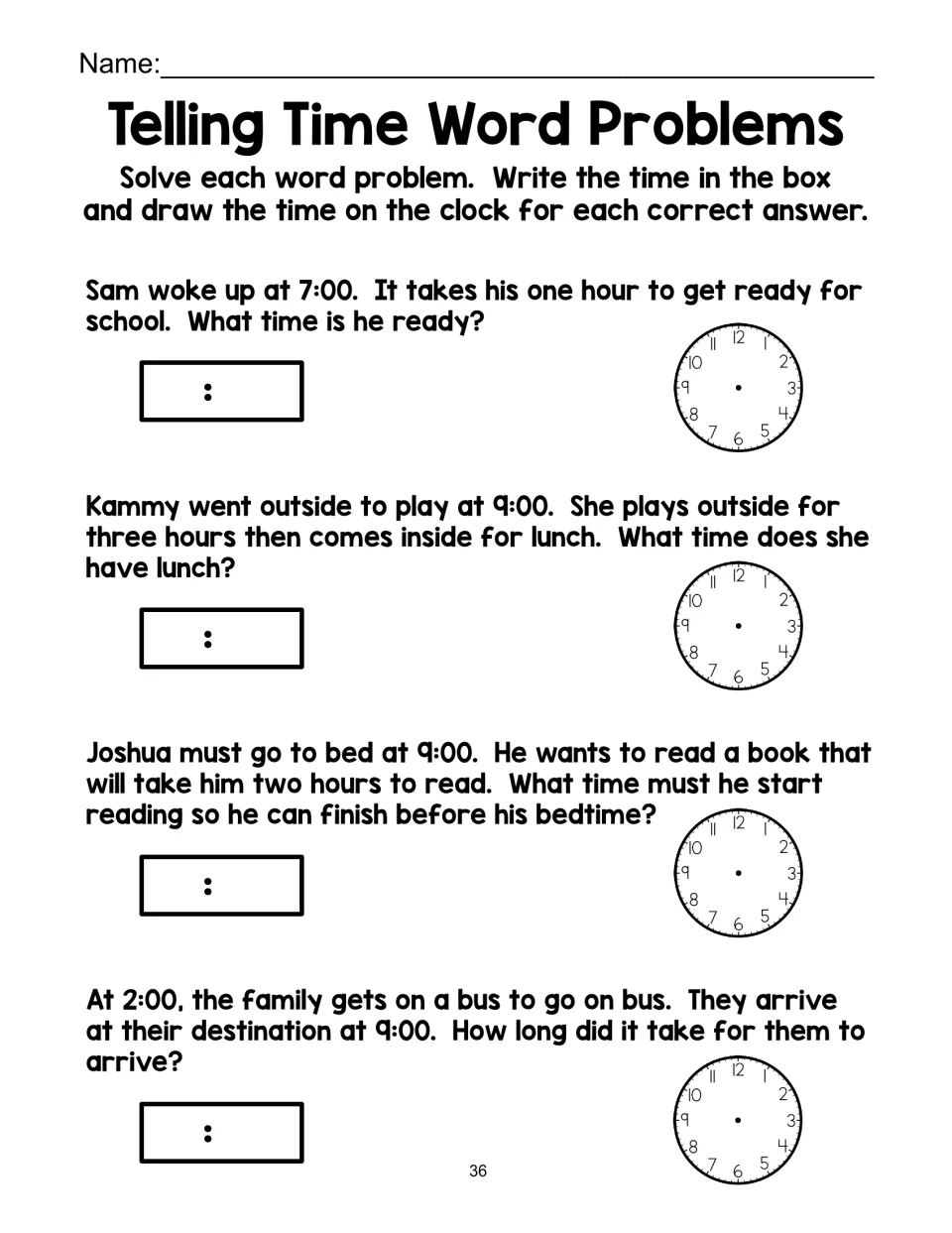 Elapsed time word problems in whole hours: students solve four stories, write the answer time and draw hands on a clock