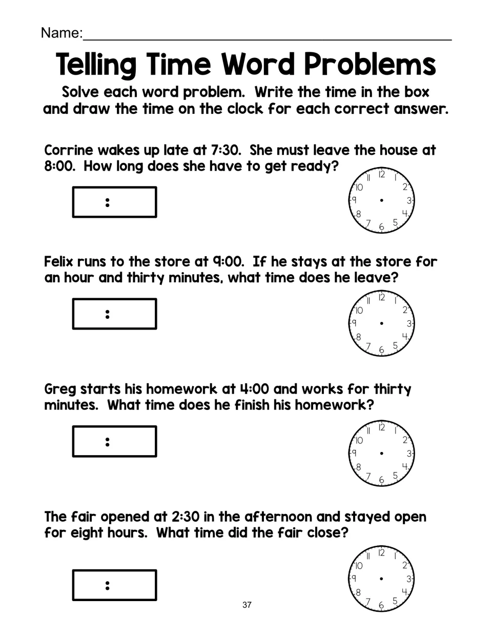 Elapsed time with half hours: students solve problems about Corrine, Felix, Greg and a fair, show each time on a clock