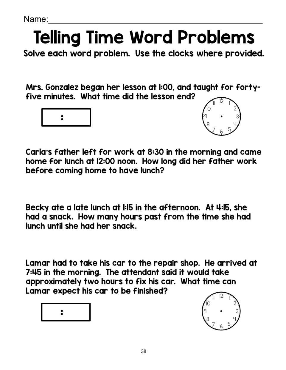 Elapsed time with minutes: students find end times and durations, e.g. a lesson from 1:00 lasting 45 minutes