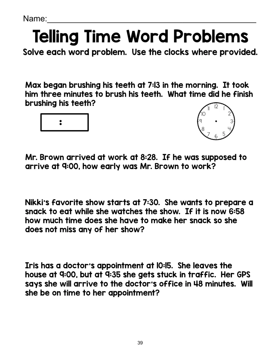 Elapsed time challenge: students work out minutes between times, like 8:28 to 9:00, and judge if Iris arrives on time