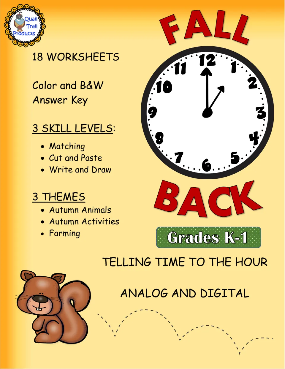 Fall Back cover: 18 time-to-the-hour sheets, analog and digital, in matching, cut and paste, and write and draw levels