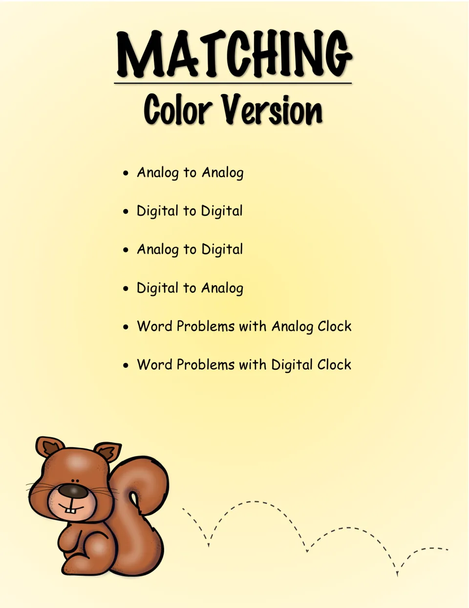 Matching section divider, color version, listing six sheet types from analog to analog through digital clock word problems
