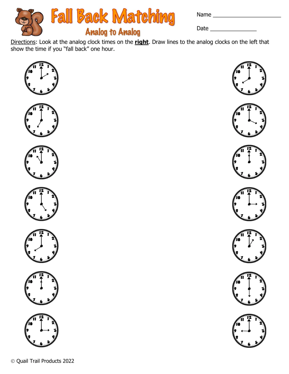 Fall Back Matching, analog to analog: students draw lines from each clock on the right to the clock one hour earlier