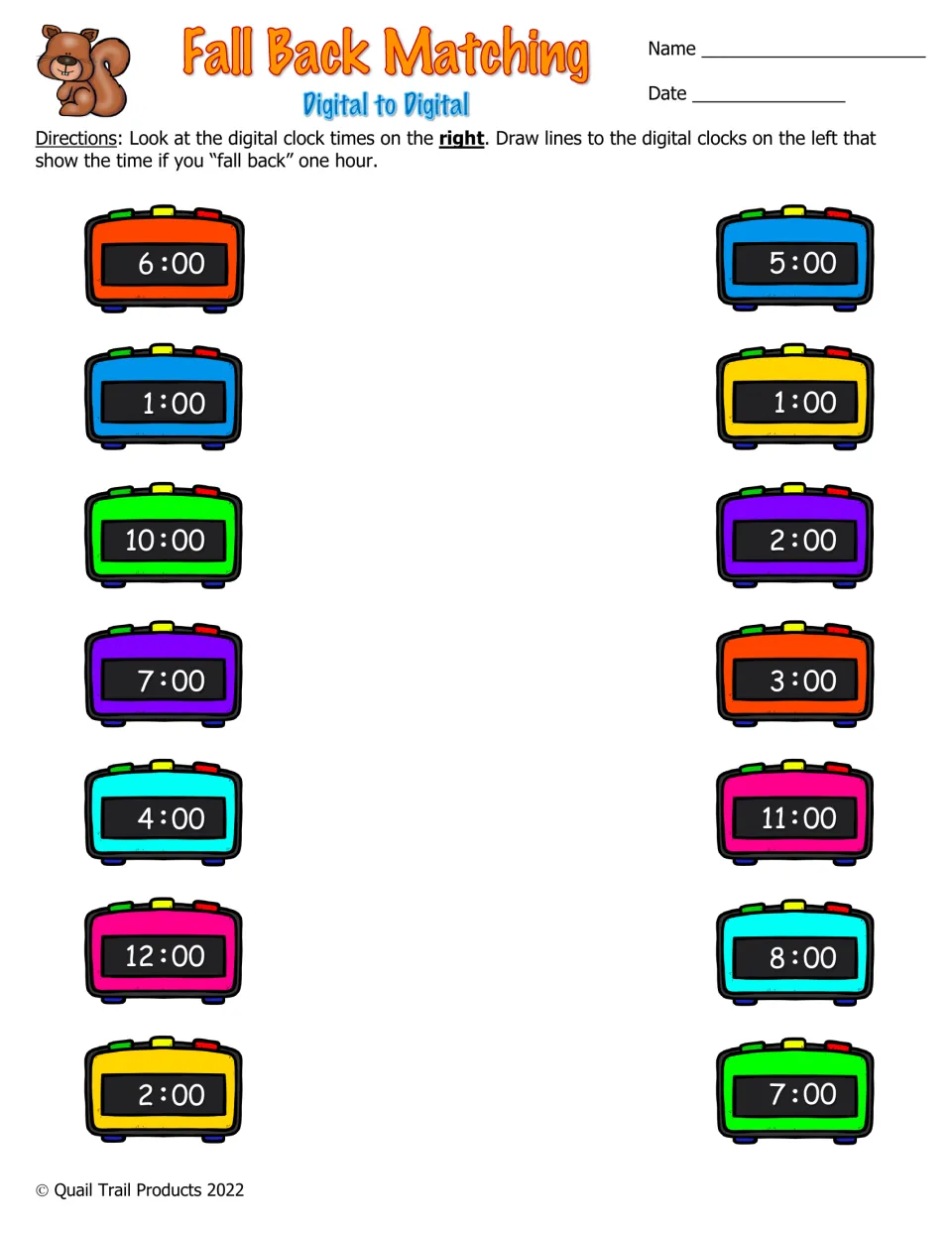 Digital to digital matching: students link times such as 5:00 and 8:00 to the digital clock showing one hour earlier