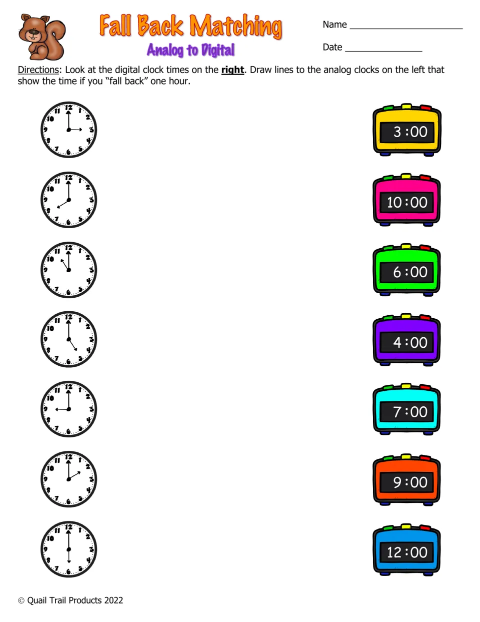 Analog to digital matching: students read digital times like 3:00 and 10:00, then link the analog clock one hour earlier