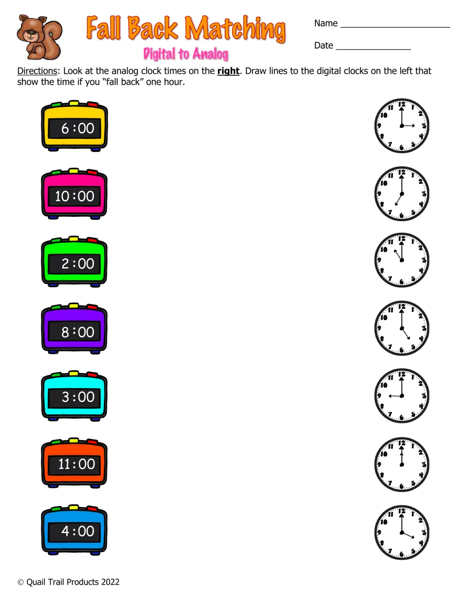 Digital to analog matching: students read each analog clock and link it to the digital time one hour earlier