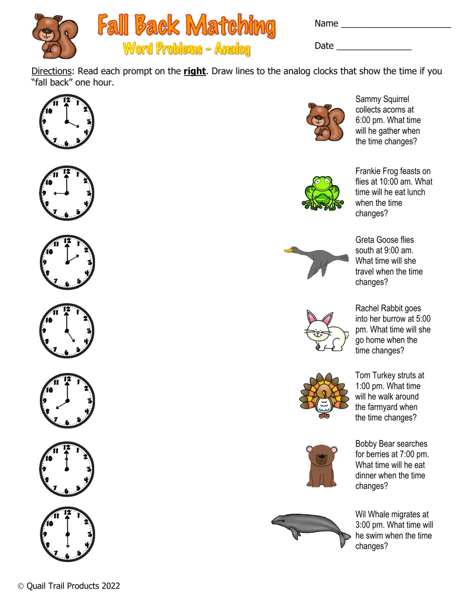 Analog clock word problems: students match Sammy Squirrel, Greta Goose and others to the clock showing one hour earlier