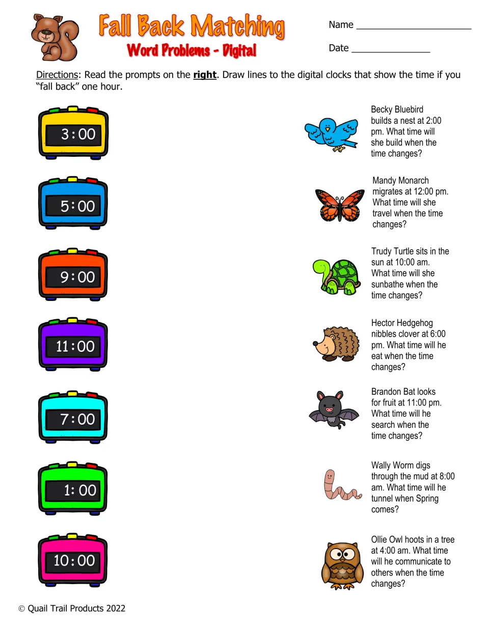 Digital clock word problems: students match Becky Bluebird, Ollie Owl and others to the digital time one hour earlier