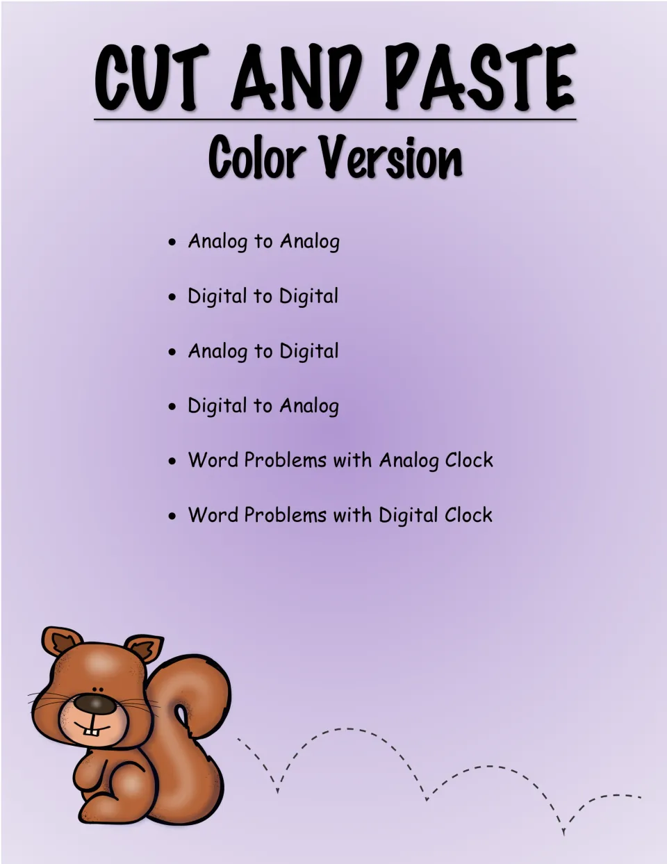 Cut and paste section divider, color version, listing the same six sheet types from analog to analog to word problems