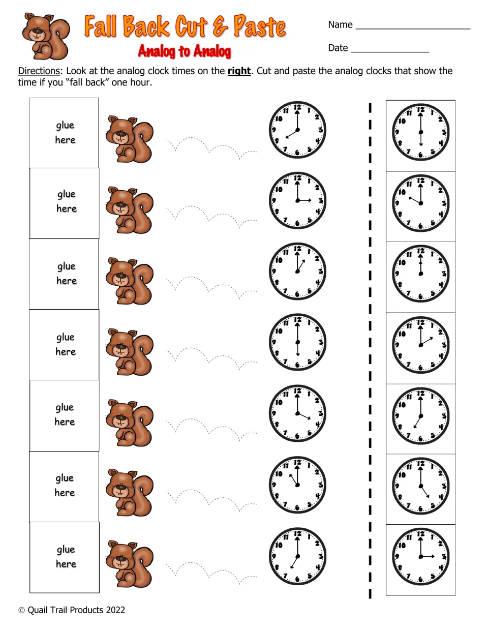 Fall Back Cut & Paste, analog to analog: students cut out clocks and glue the one an hour earlier beside each clock