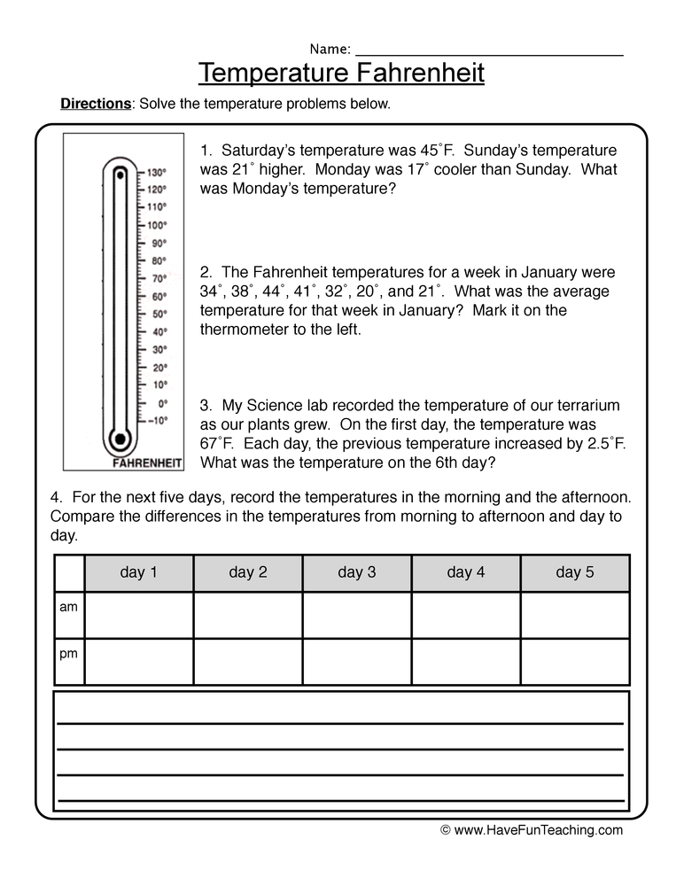 Temperature Fahrenheit Worksheet teaching resource preview