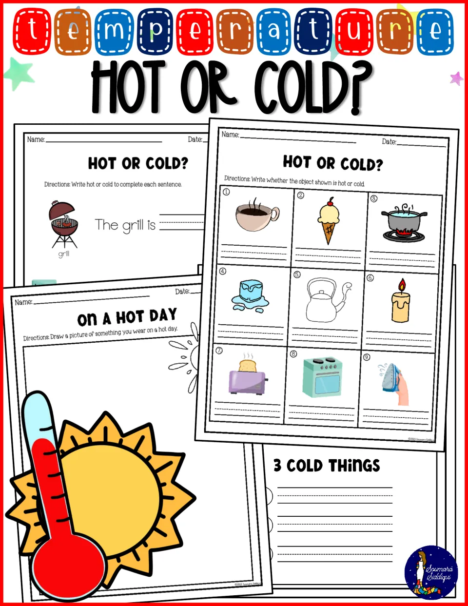 Temperature: Hot or Cold? cover showing sorting pages for a grill, coffee, ice cream and an On a Hot Day drawing page