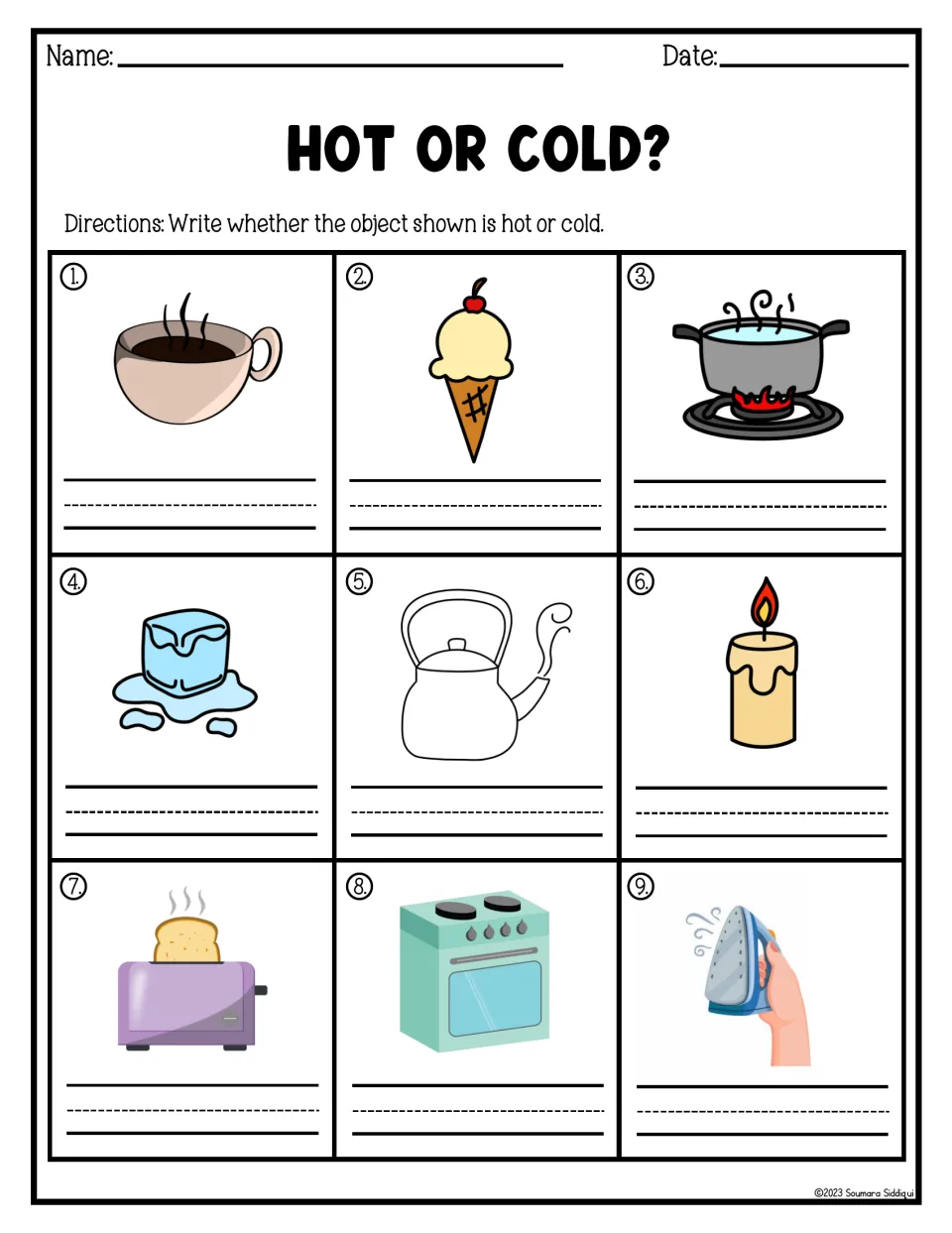 Classifying by temperature: students label 9 pictures hot or cold, including coffee, ice cream, a toaster and an iron