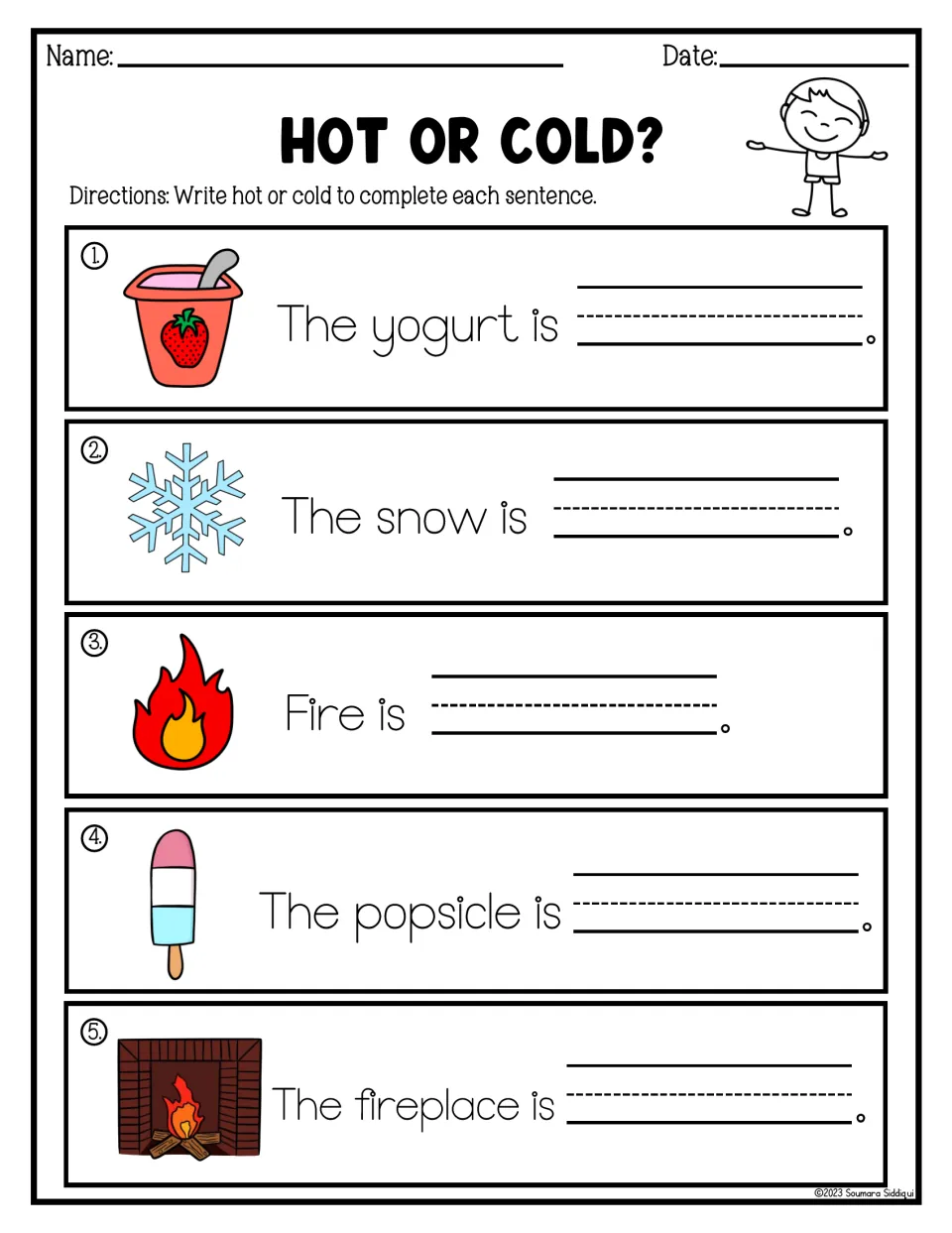 Hot or cold sentence completion: students write hot or cold for yogurt, snow, fire, a popsicle and a fireplace