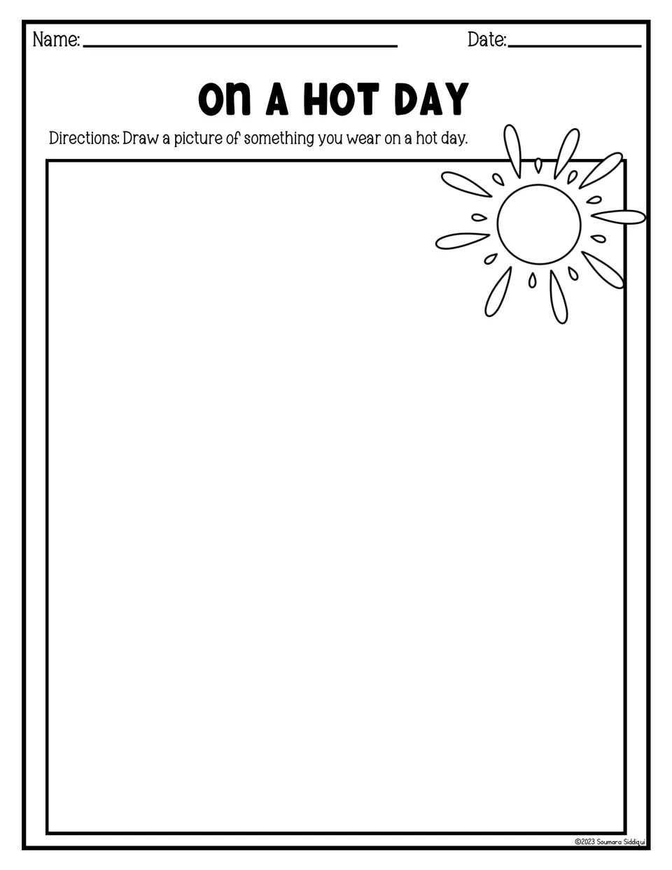 On a Hot Day drawing task: students draw something they would wear on a hot day, with a sun in the corner