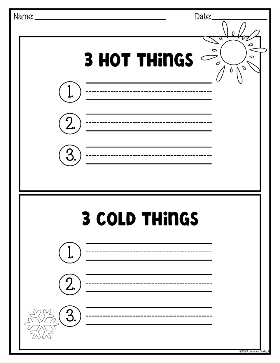 3 Hot Things and 3 Cold Things lists: students brainstorm and write three items for each list