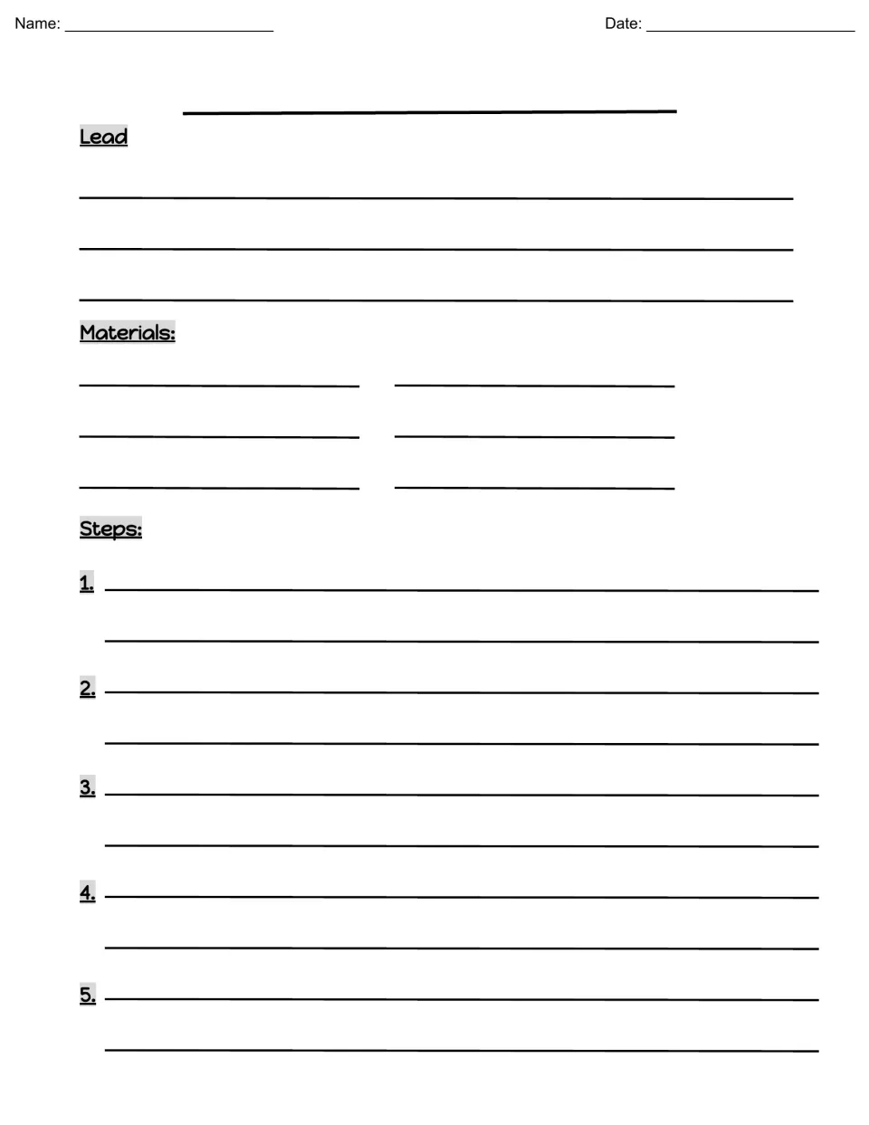 How-to writing planner: students add a title, write a lead, list materials and explain five numbered steps in order