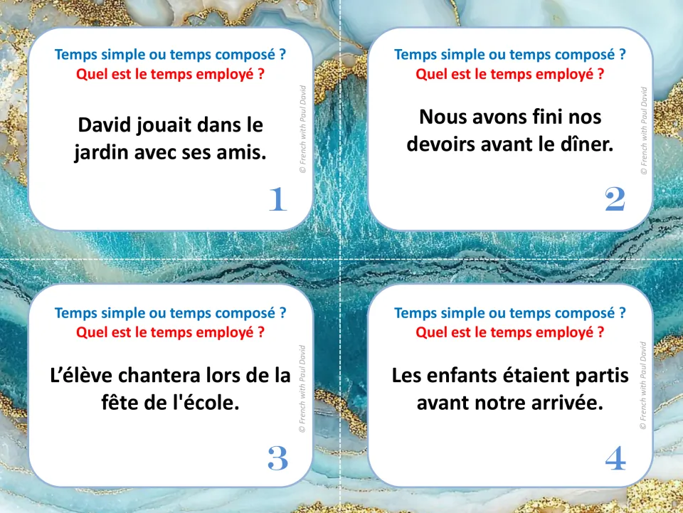 French tense task cards 1–4: sentences using jouait (was playing), avons fini (have finished) and two more