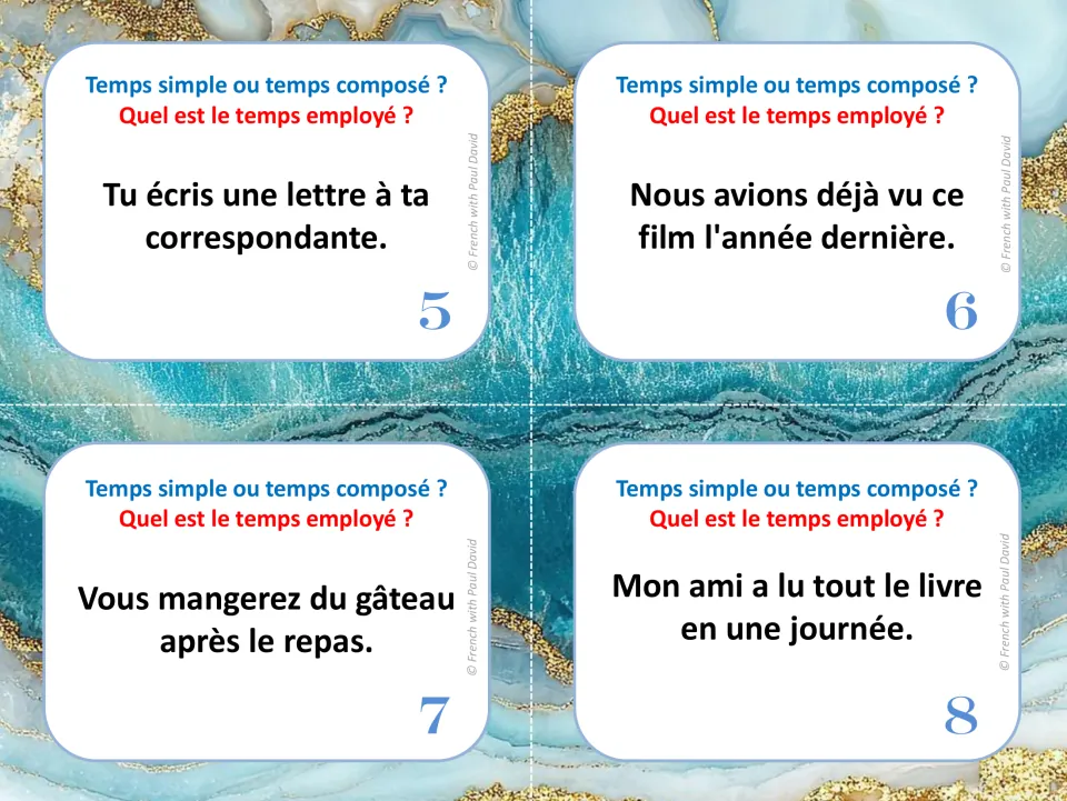 French tense task cards 5–8: sentences using écris (write), avions déjà vu (had already seen) and two more