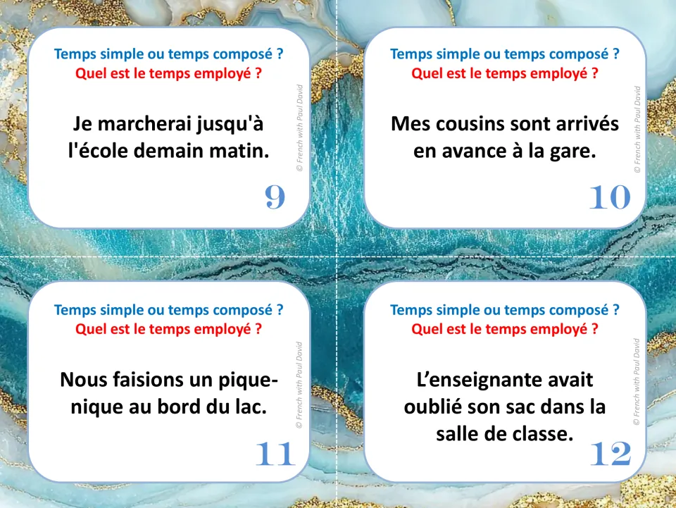 French tense task cards 9–12: sentences using marcherai (will walk), sont arrivés (arrived) and two more