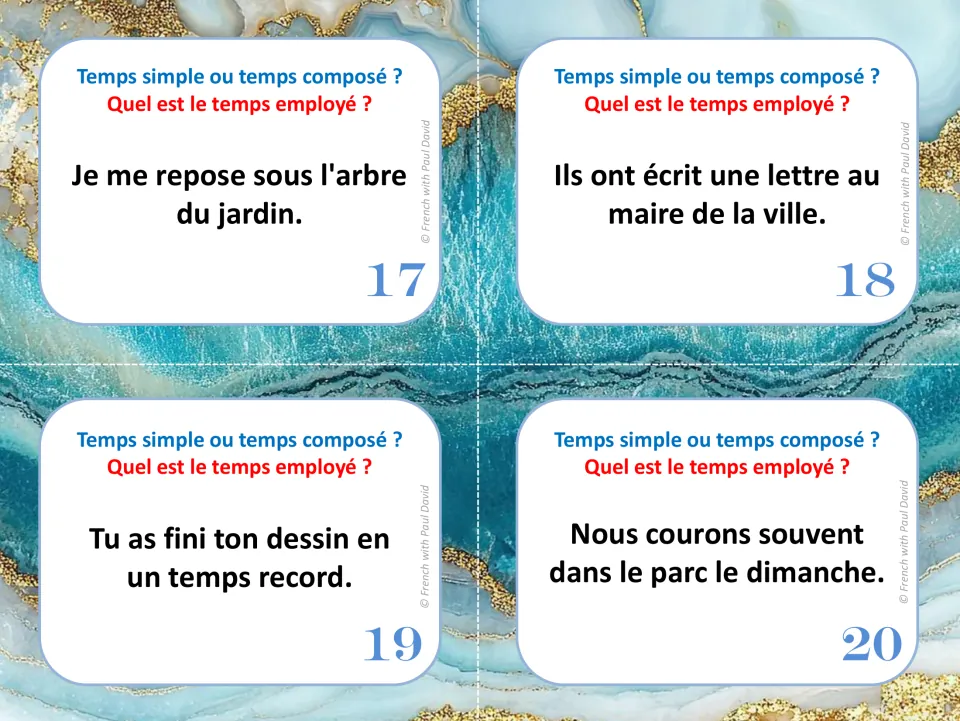 French tense task cards 17–20: sentences using me repose (rest), ont écrit (have written) and two more