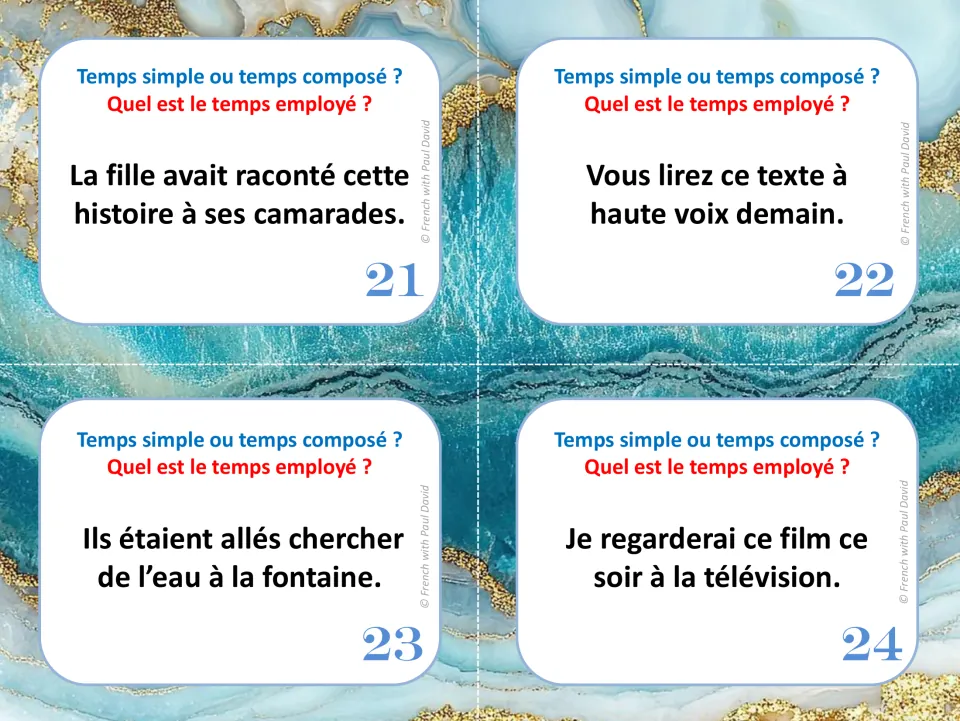 French tense task cards 21–24: sentences using avait raconté (had told), lirez (will read) and two more