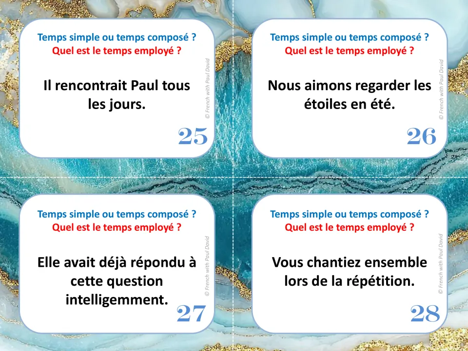 French tense task cards 25–28: sentences using rencontrait (used to meet), aimons (like) and two more