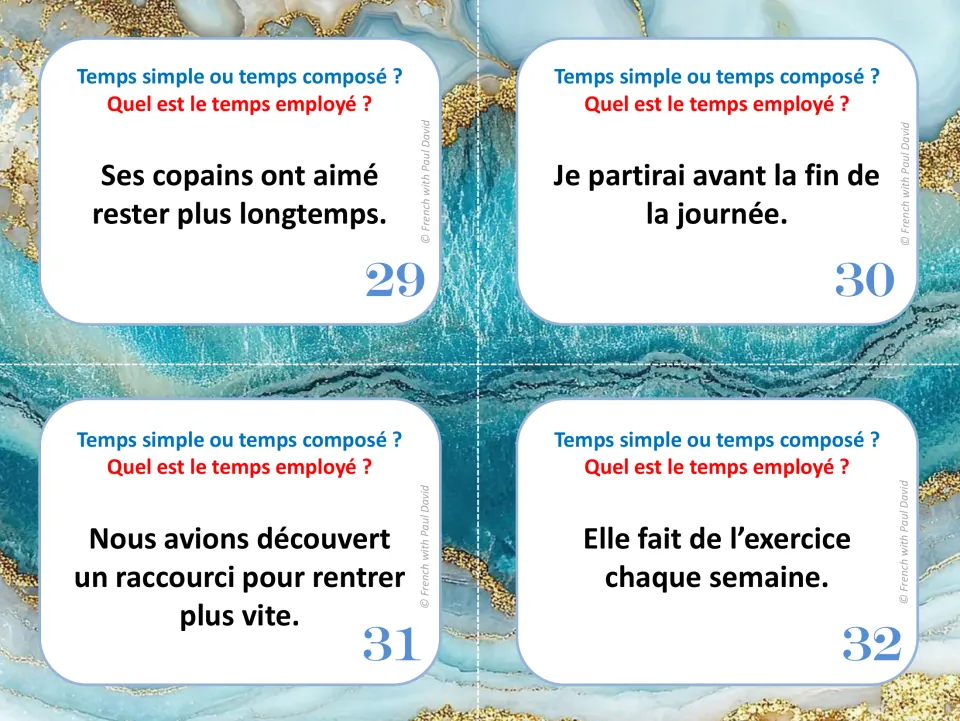 French tense task cards 29–32: sentences using ont aimé (liked), partirai (will leave) and two more