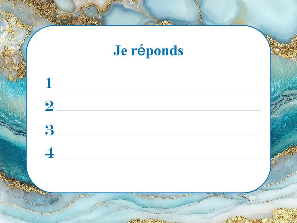 French tense response sheet headed Je réponds (I answer), with numbered spaces for answers to cards 1–4