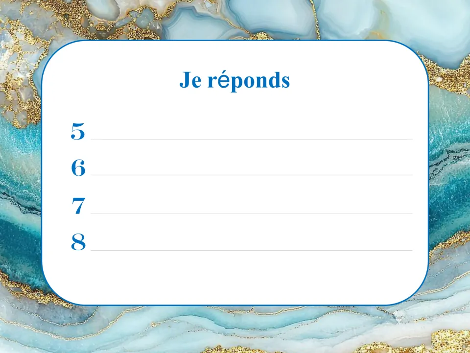 French tense response sheet headed Je réponds (I answer), with numbered spaces for answers to cards 5–8