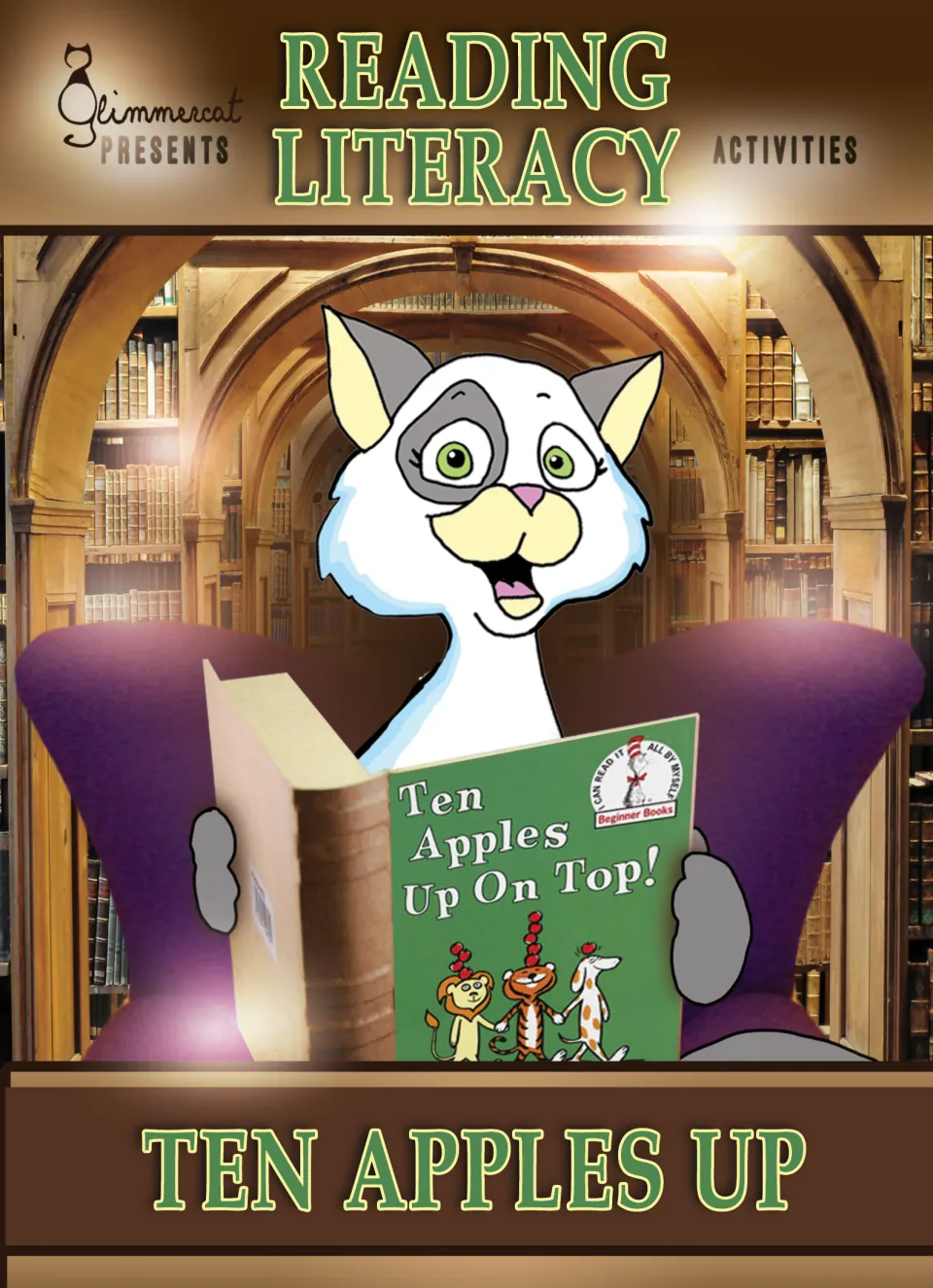 Cover of the Ten Apples Up Reading Literacy Packet, showing a character reading Ten Apples Up On Top!